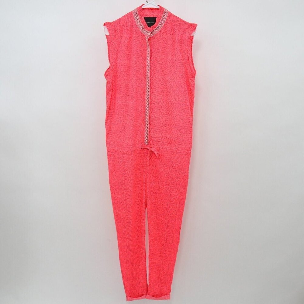 Maison Scotch Jumpsuit T2 US6 Coral Neon Pink Retro Print Beaded Drawstring